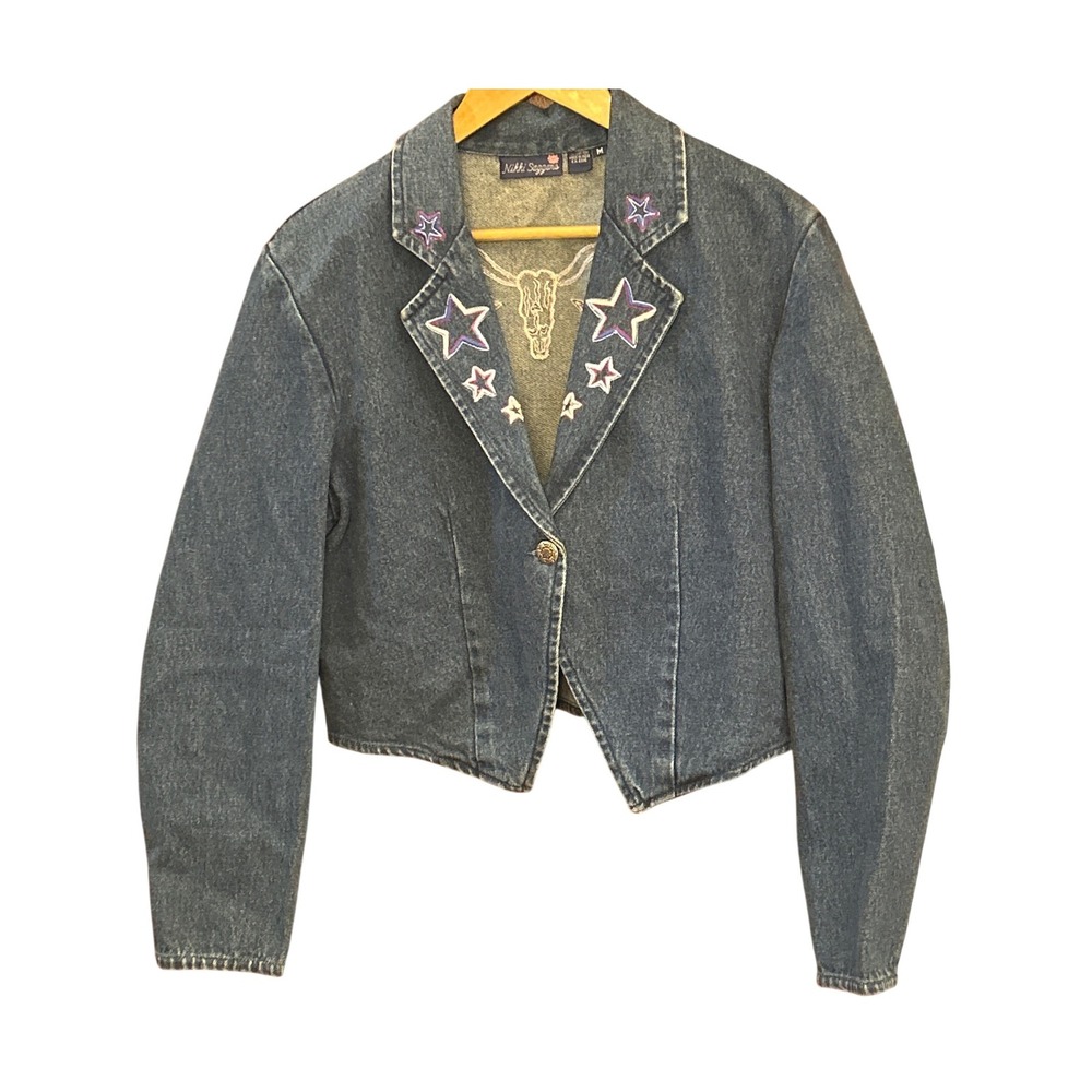Y2K Nikki Saggaro 90s Cropped Denim Blazer Jacket M Western Star Embroidered